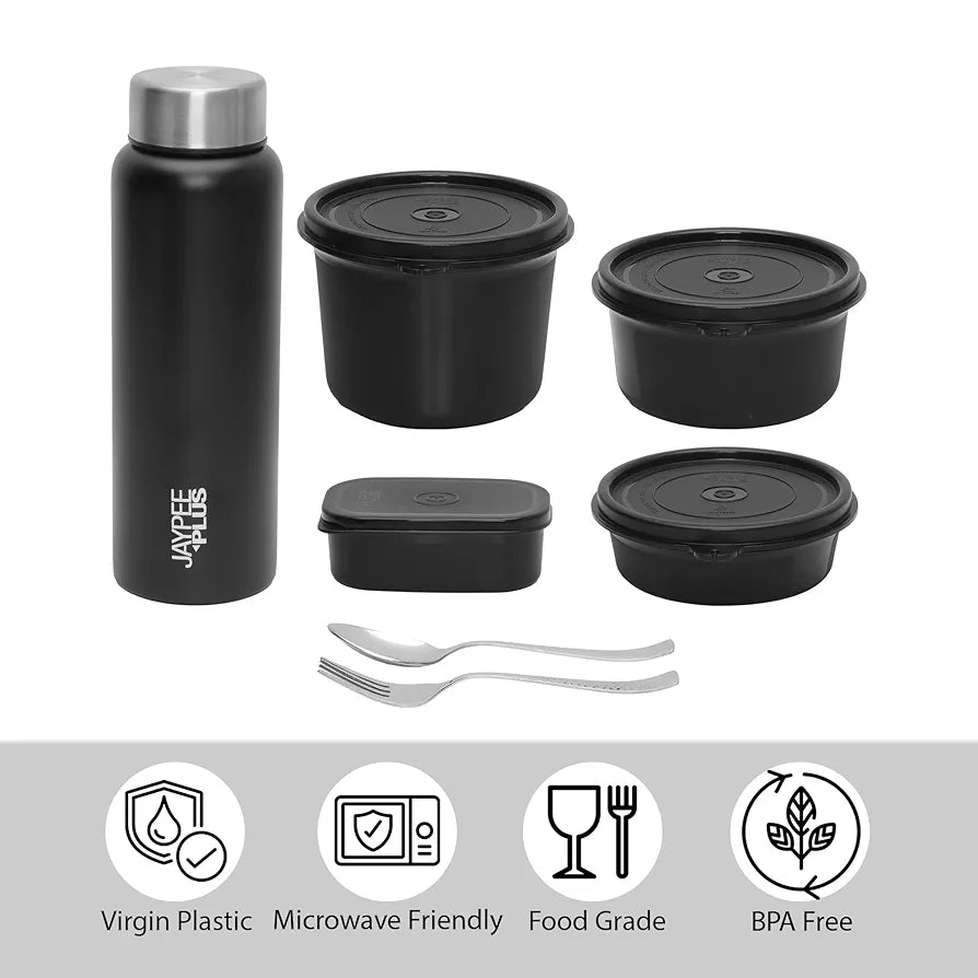 Jaypee Plus Meal Plus 1390 ml Stainless Steel Office Lunch Box | BPA Free, Microwave Safe & Spillproof Airtight 4 Containers | Includes Bottle, Spoon, Fork & Bag | Ideal for College & School